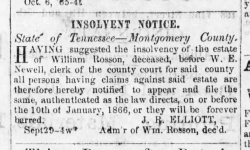 William Rosson
Insolvent Notice
Sep-Oct 1865