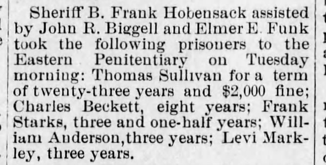 Levi Markley to Eastern State for 3 years taken from The Central News 09 Oct 1902 page 3