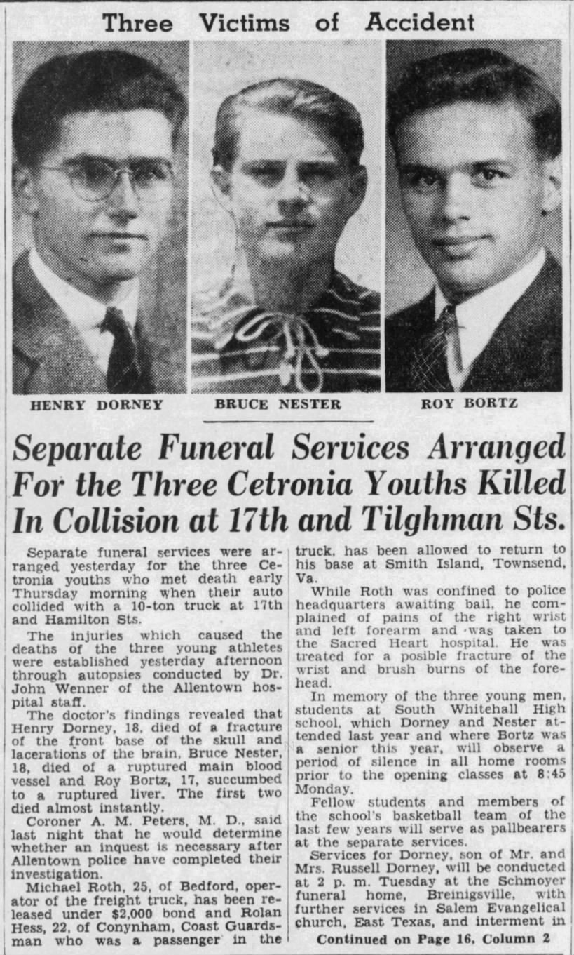 Bortz-Dorney-Nestor died in car accidentMorning Call 12 Dec 1942 page 2 (cont'd on page 16 column 2