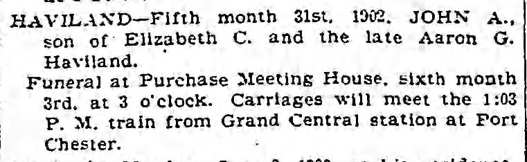 John A. Haviland death notice, The Brooklyn Daily Eagle, 2 June 1902, p. 5