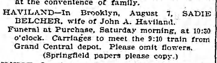 Sadie Belcher Haviland death notice, The Brooklyn Eagle, 9 Aug 1895