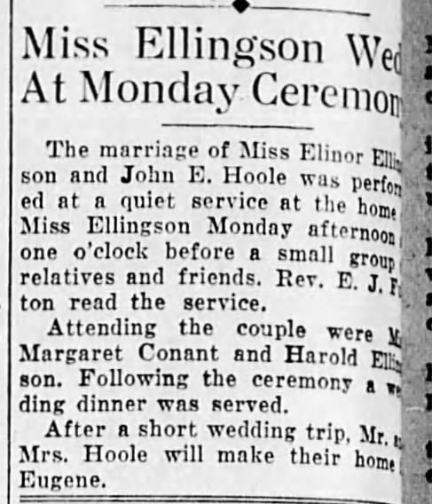 Hoole, John E; marriage; The Eugene Guard; July 2, 1935; Tue. pg 6
