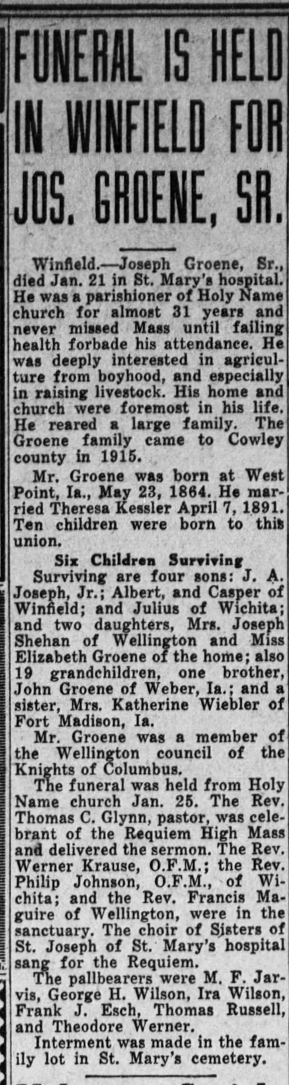 Groene, Joseph; funeral; The Catholic Advance; Feb. 8, 1946, Page 3
