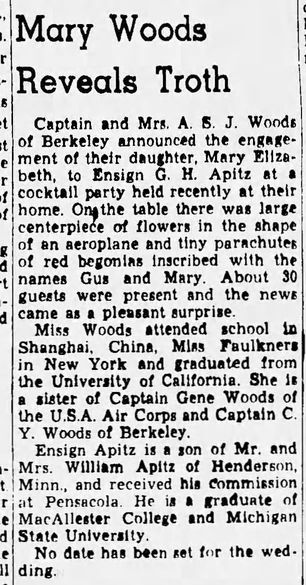 Woods, Mary; engagement; Oakland Tribune; Sept. 25, 1942; Fri. pg 27