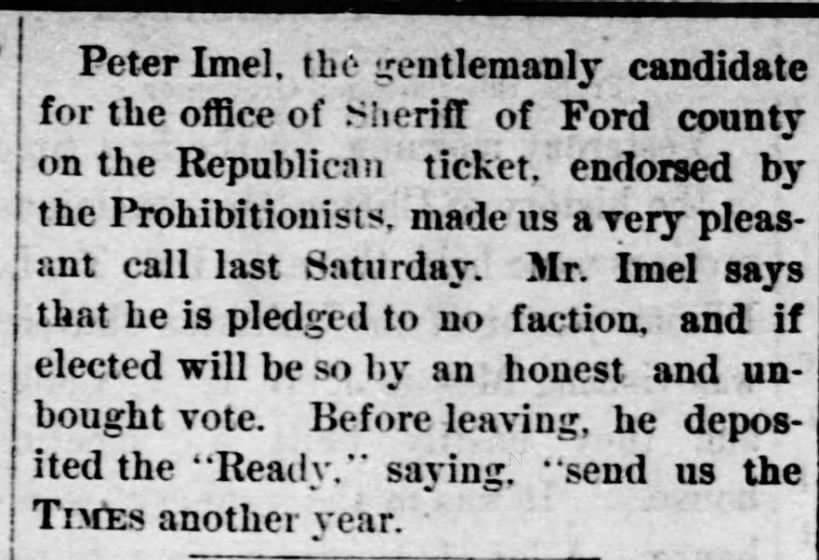 Imel, Peter; sheriff candidate; Dodge City Times; Oct. 20, 1887; thu. pg 3