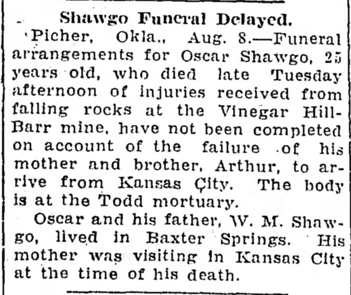 Shawgo, Oscar; obit; Joplin Globe, Aug. 9, 1923 pg 4