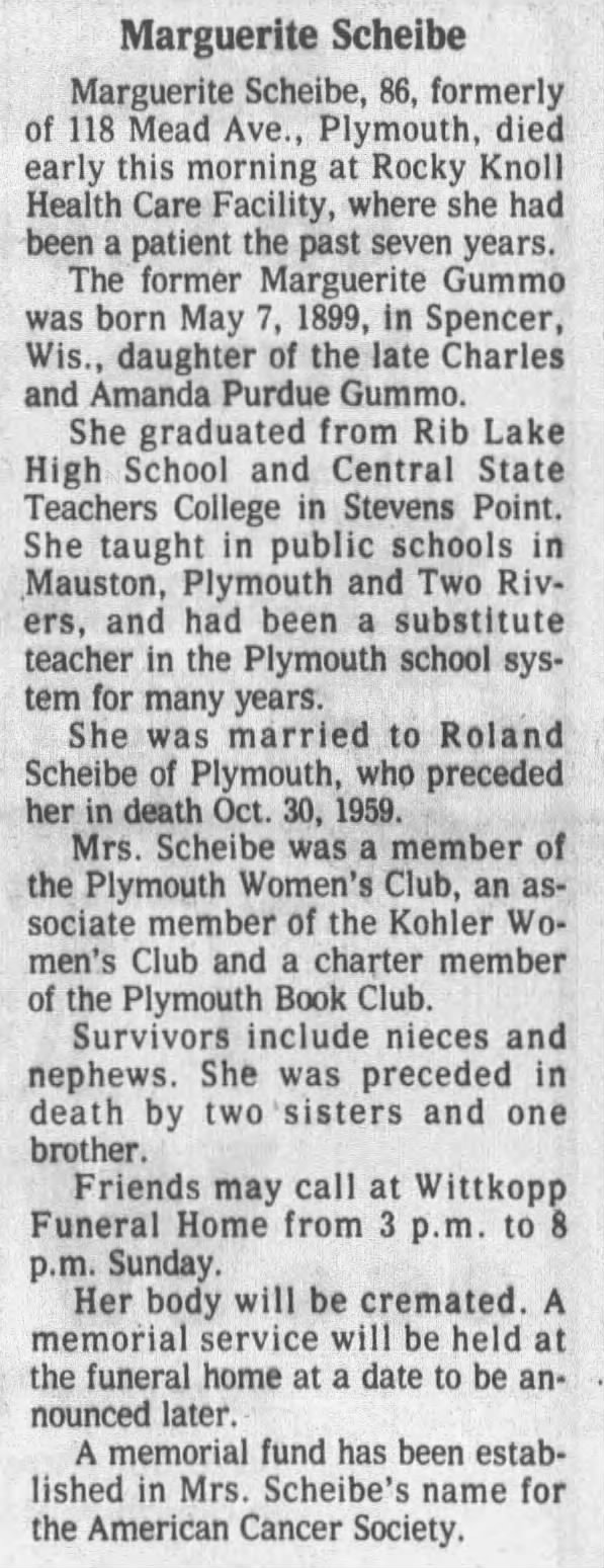 Scheibe, Marguerite; obit; The Sheboygan Press; Oct. 11, 1985; Fri. pg 4