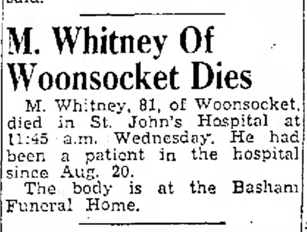 Whitney, M; death; The Daily Plainsman; Sept. 13, 1951, Thu pg 2
