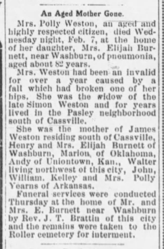 Weston, Mary Ann Polly; obit; Cassville Republican; Feb. 15, 1917, Thur; pg 1