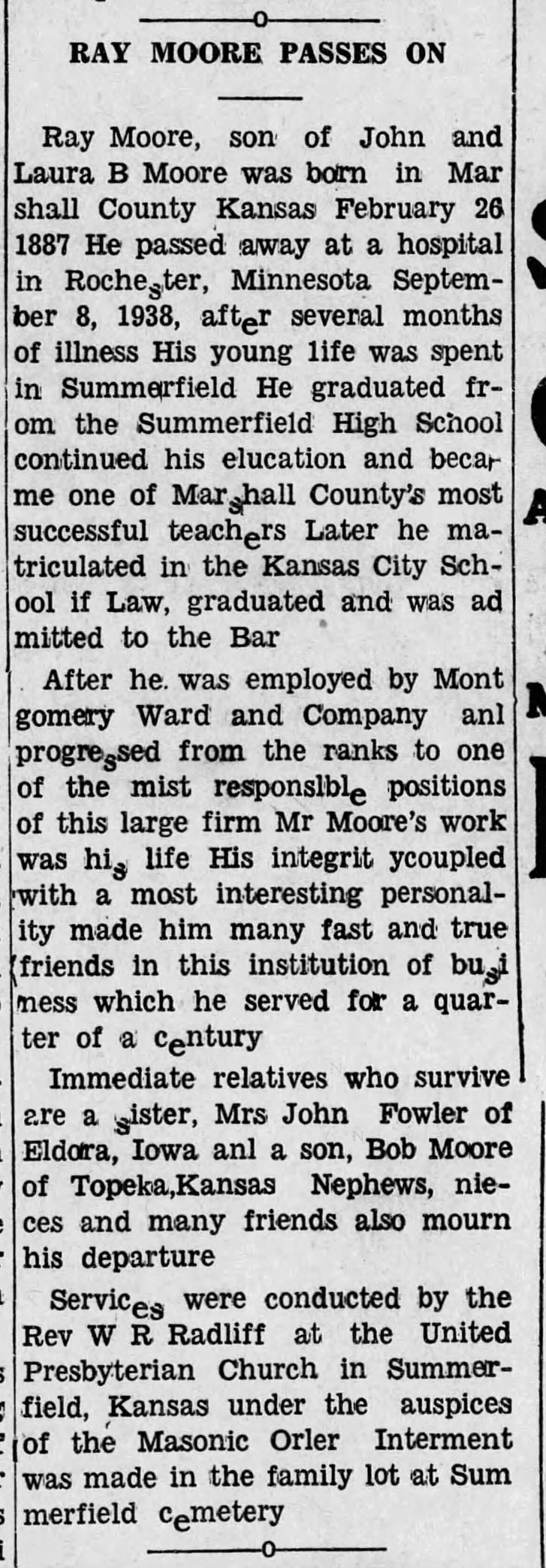 Moore, Ray; obit; The Summerfield Sun; Sept. 15, 1938; Thu pg 4