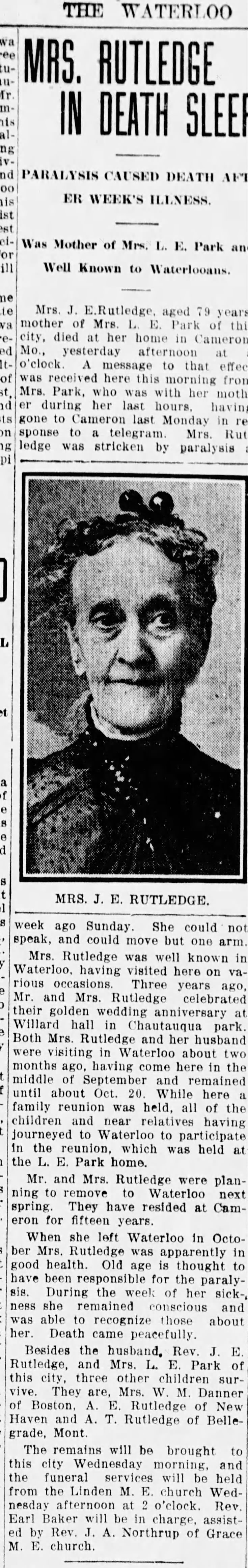 Rutledge, Emma Miller; obit with picture; The Courier; Nov. 24, 1913, Mon. pg 3