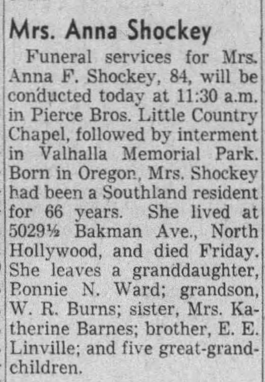 Shockey, Anna F Linville; obit; The Los Angeles Times; Oct. 18, 1955; Tue. pg 74