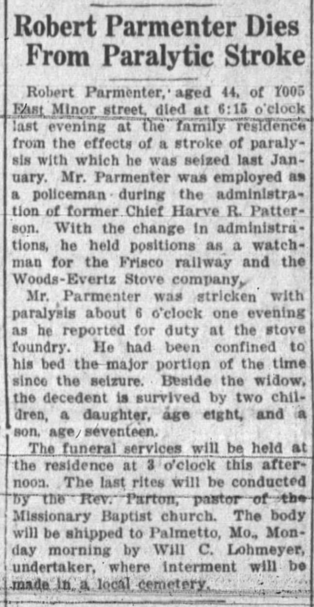 Parmenter, Robert; obit; The Springfield News-Leader; April 4, 1915, Sun pg 6