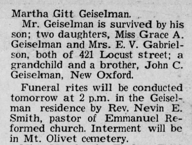 Geiselman, Charles; obit 2; The Gazette and Daily, Nov. 13, 1947 pg 23