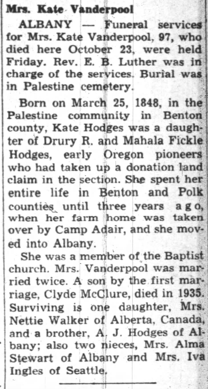 Vanderpool, Kate Hodges;obit; The Oregon Statesman, Oct. 28, 1945 Sun pg 17