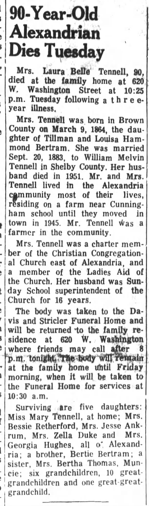 Tennell, Laura Belle Bertram; obit; The Alexandria Times-Tribune; Oct. 13, 1954, Wed. pg 1