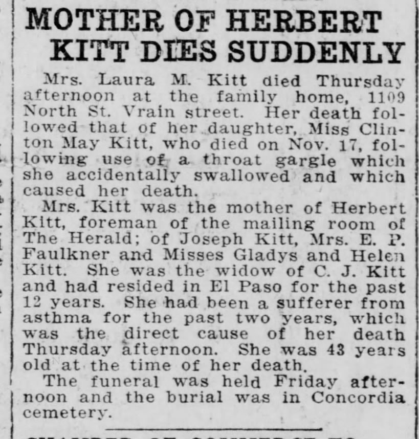 Kitt, Laura; obit; Jan. 1, 1915; El Paso Herald; Jan. 1, 1915; Fri. pg 3