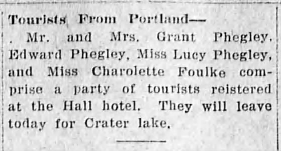 Phegley, Grant, Edward and Lucy; trip to Crater Lake; The Evening Herald; July 11, 1923; Wed. pg 5