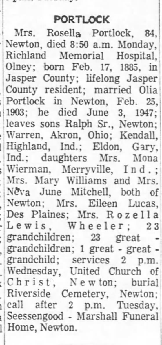 Portlock, Rosella; obit; The Decatur Herald; Feb. 18, 1969; Tue. pg 18