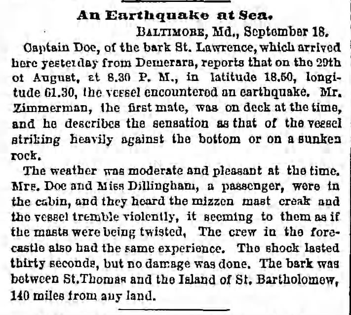1875-Aug-29: Bark St. Lawrence encounters EQ at sea off St Thomas