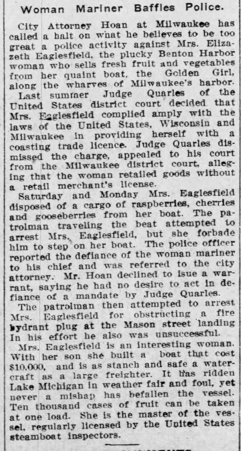 Elizabeth "Bessie" Eaglesfield keeps police at Bay in Milwaukee in July 1911.