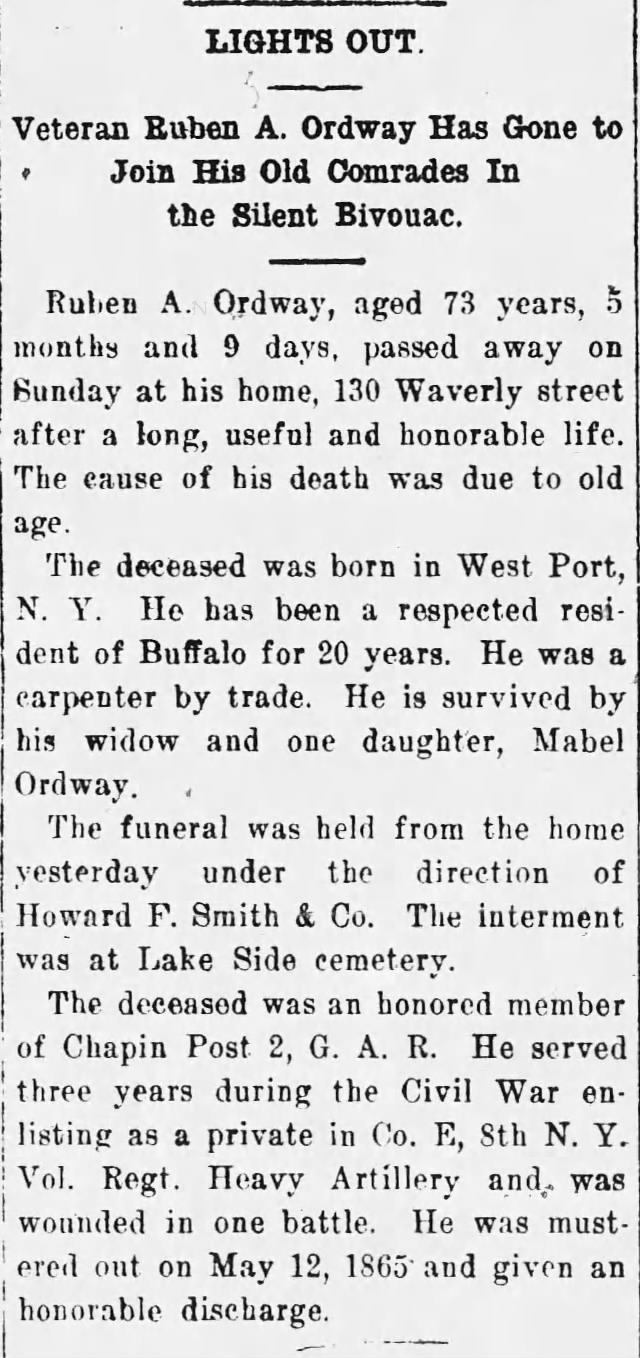 Reuben A. Ordway (Buffalo, NY) Civil War vet dies in 1910. Wife & daughter, Mabel