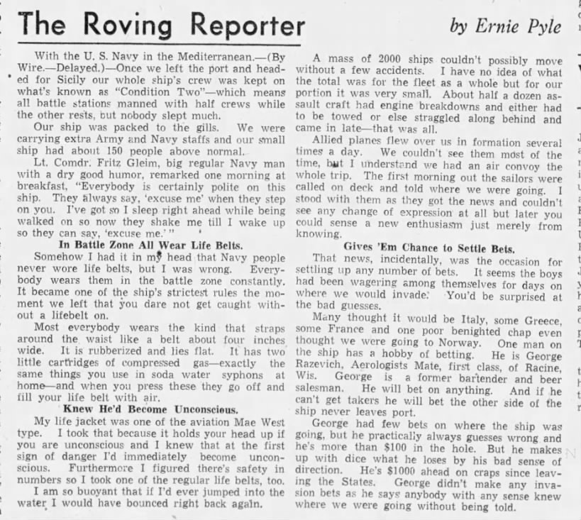 Lt. Comdr. Fritz Gleim in July 1943 Ernie Pyle article