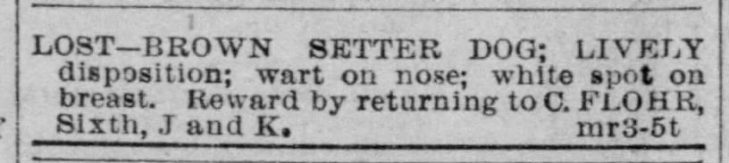 Charles Flohr, Lost Dog, 04 Mar 1896, The Record-Union, Sacramento, CA