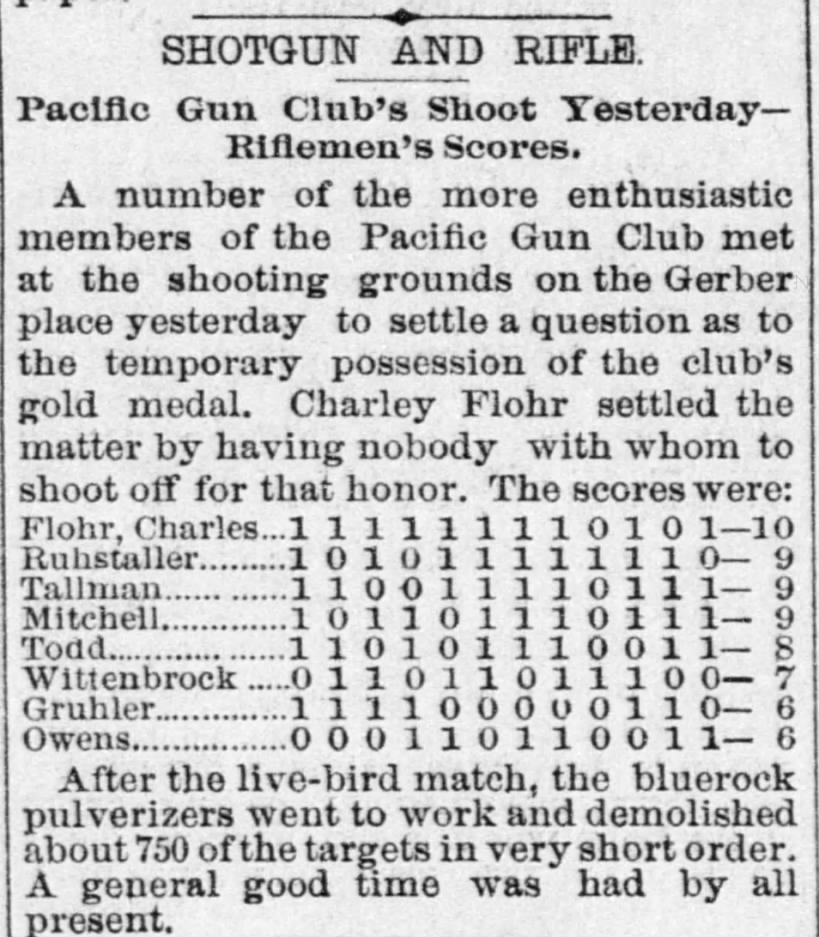Charley Flohr, Pacific Gun Club Shoot, 08 Jun 1891, The Record-Union, Sacramento, CA