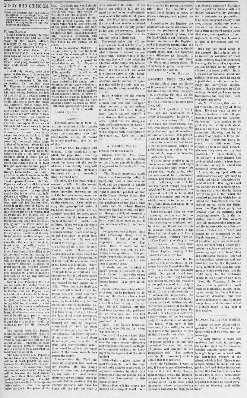 1892-07-08 LEAV L N Query & Criticism Percy Pepoon and Rep Frederick E White praising HG