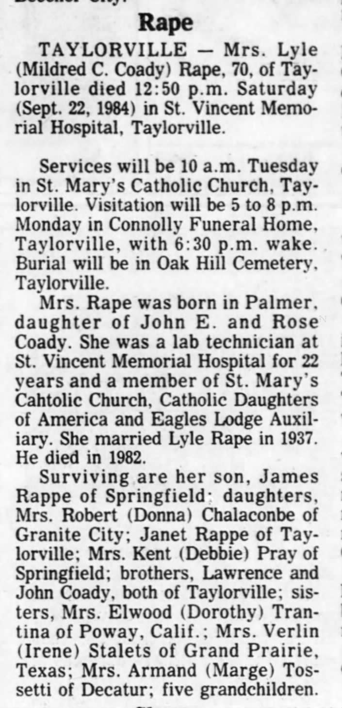 Mildred C (Coady) Rape -obituary
