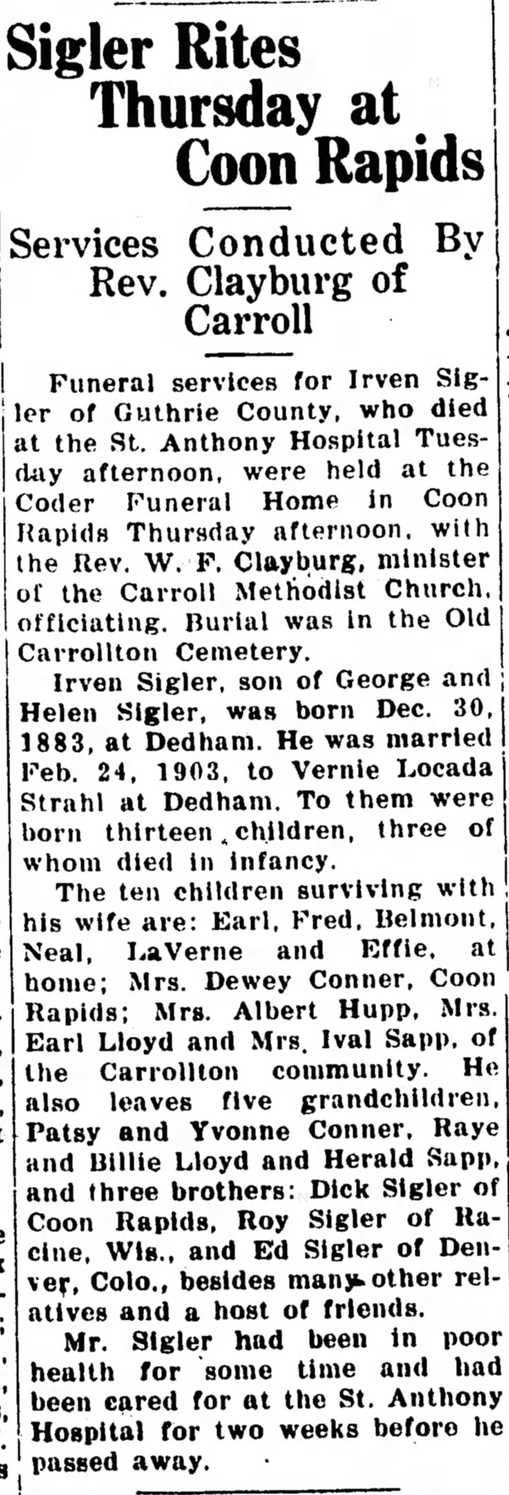 Irven Sigler Obit
Carroll Daily Herald 28 April, 1939