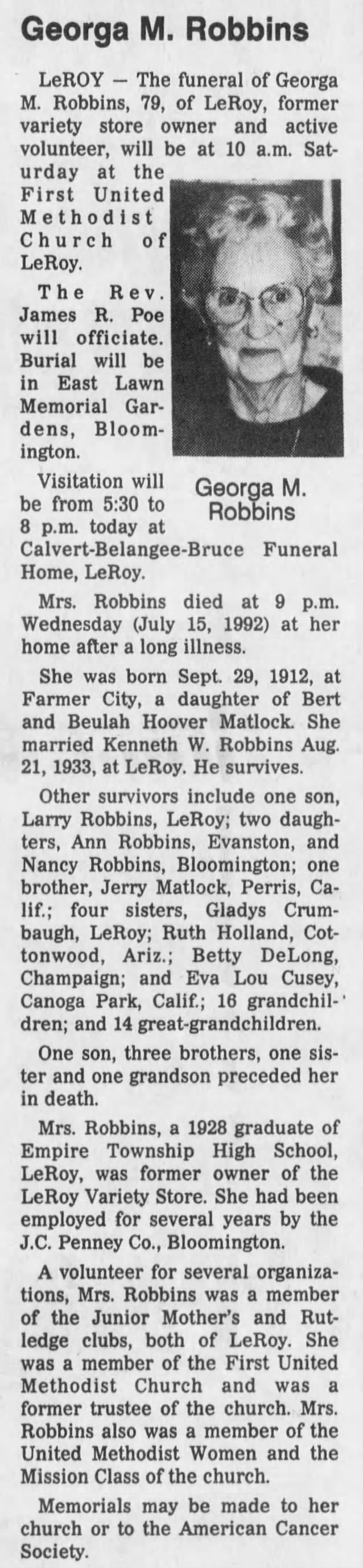 Obituary for Georga M Robbins