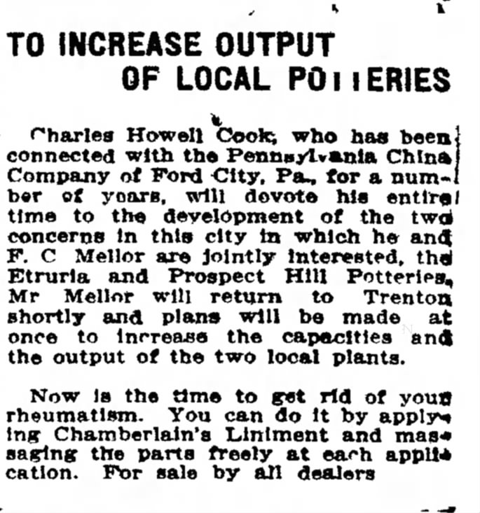 TrentonEvening Times 18 June 1912 about Etruria and FG Mellor Potteries