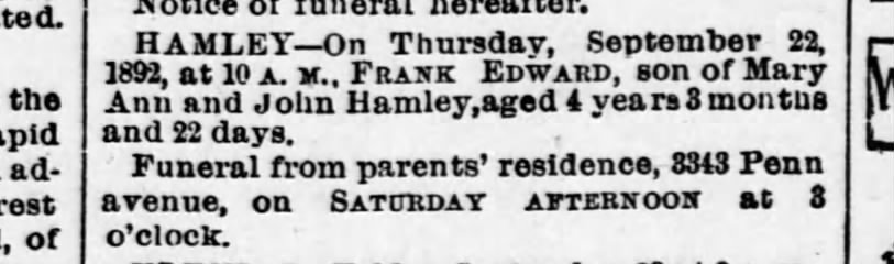 Pittsburg Dispatch  24 Sept 1892 Obit Frank Edward Hamley age 4