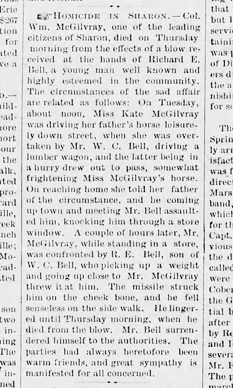 Homicide in Sharon 12 Jul 1877