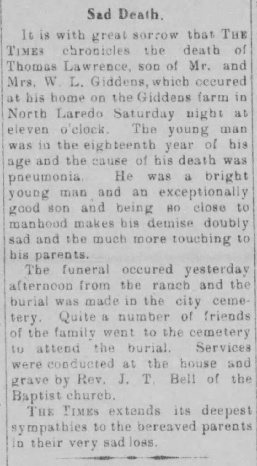 Thomas Lawrence Giddens obit. Laredo Weekly Times, March 5, 1911