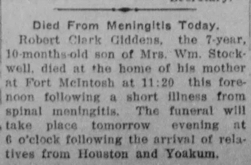 Robert Clark Giddens Obit 
Laredo Weekly Times Aug 28, 1921
