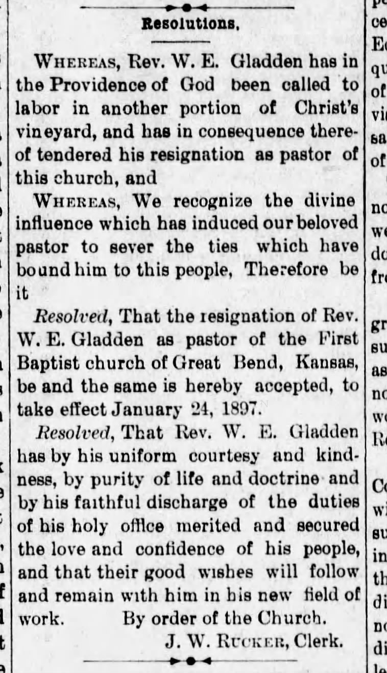 W. E. Gladden resignation Great Bend Church