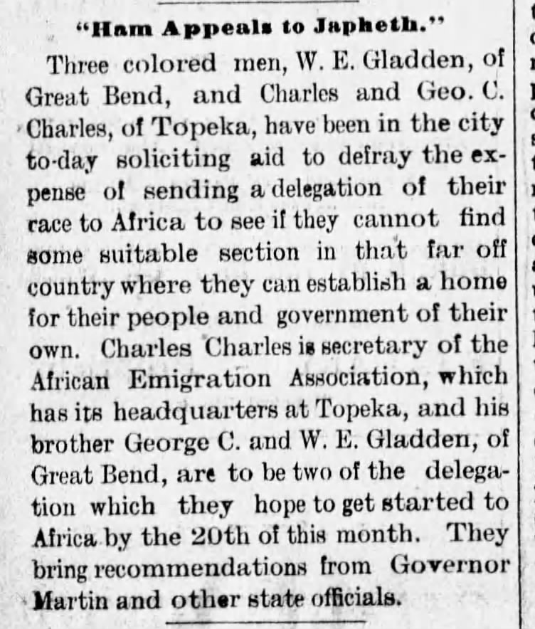 W. E. Gladden to Liberia seek land