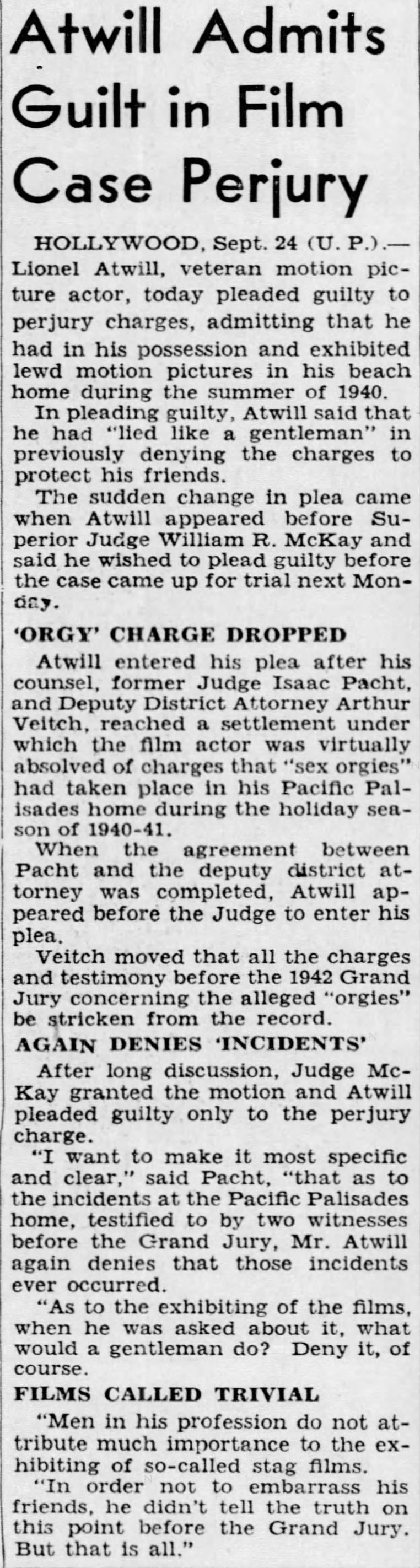 Atwill admits guilt in film case perjury - Sept 24 1942 Philadelphia Enquirer