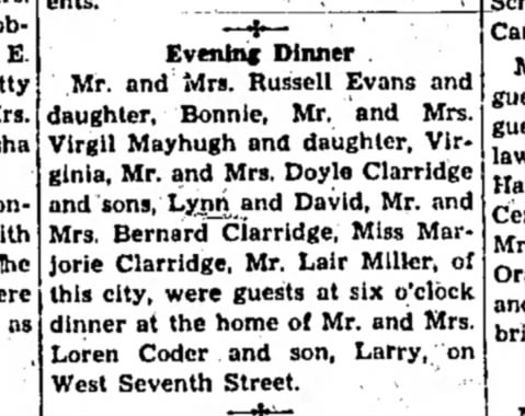 Evening Dinner at the home of Mr./Mrs. Loren Coder 26 Dec 1946