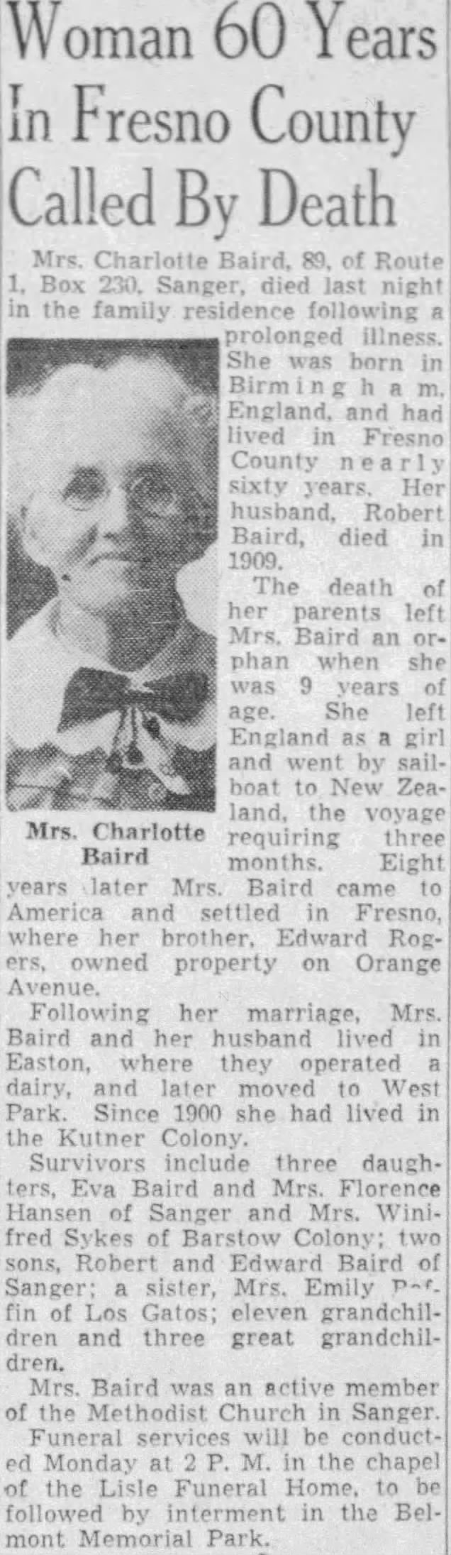 Obituary for Charlotte Baird (Aged 89)
