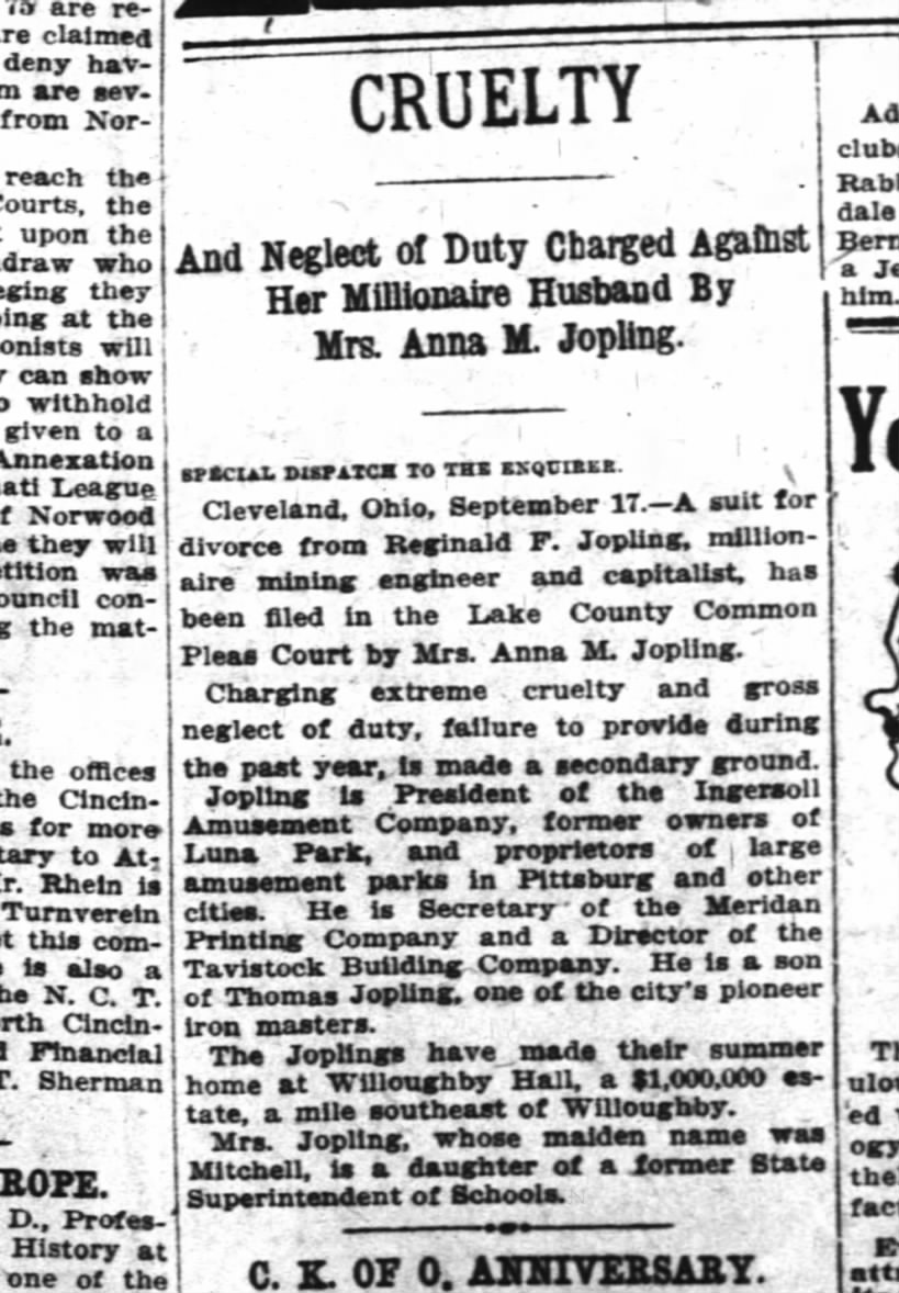 ReginaldJopling_Anna Jopling Divorce Sept 18 1910 Cincinnati Enquirer
