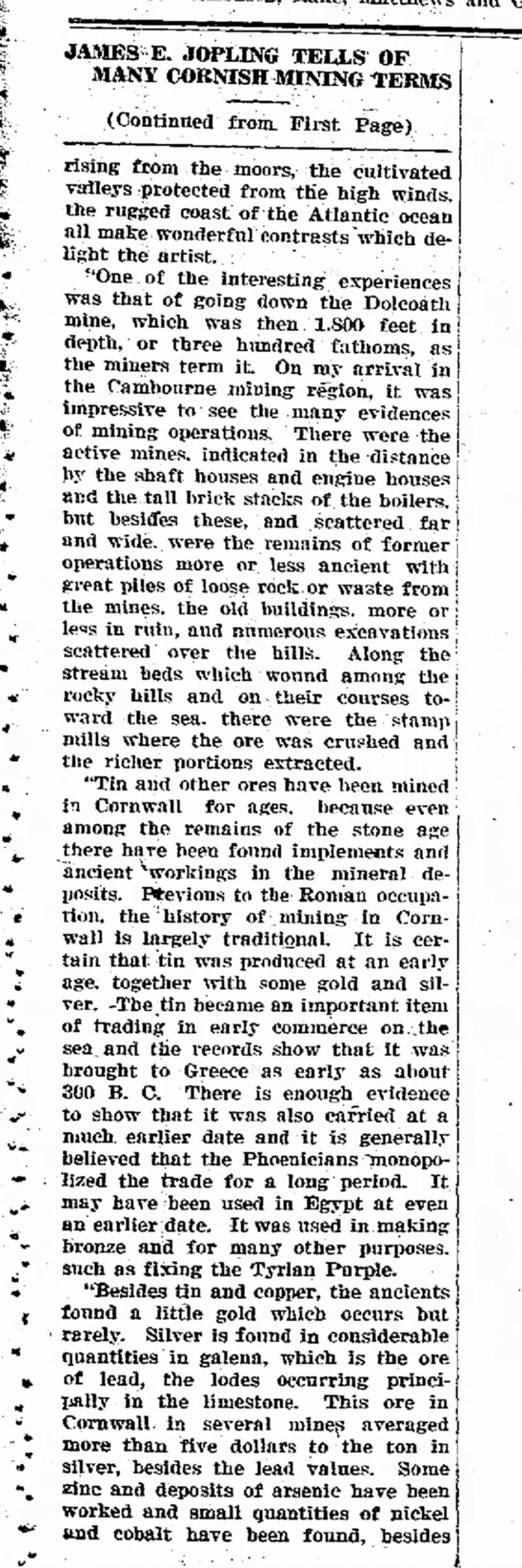Jopling Tells of Cornishmen
The Wakefield News 
13 Aug 1927 Part 2