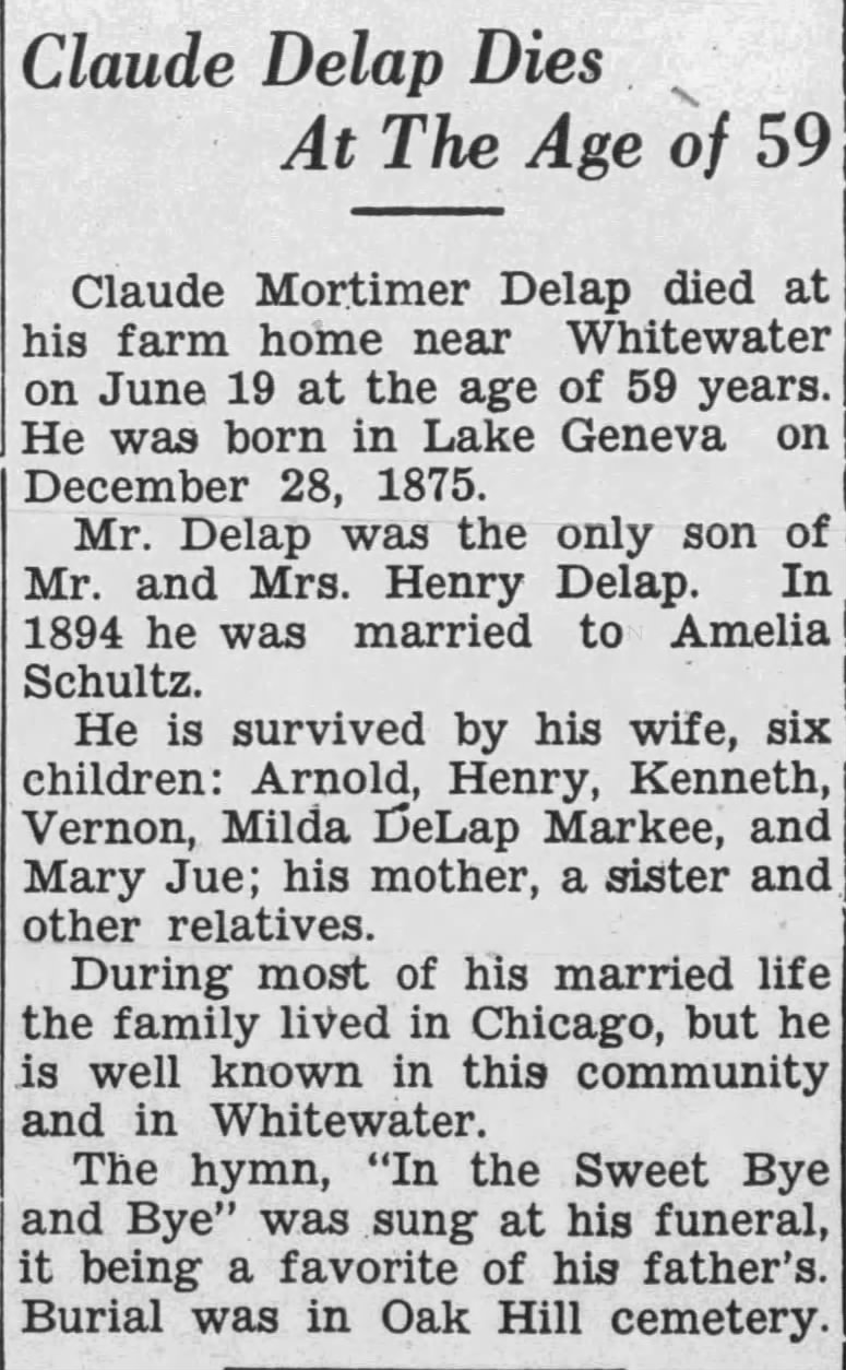 DeLap Claude Obituary 04 July 1935 Lake Geneva Regional News Wisc