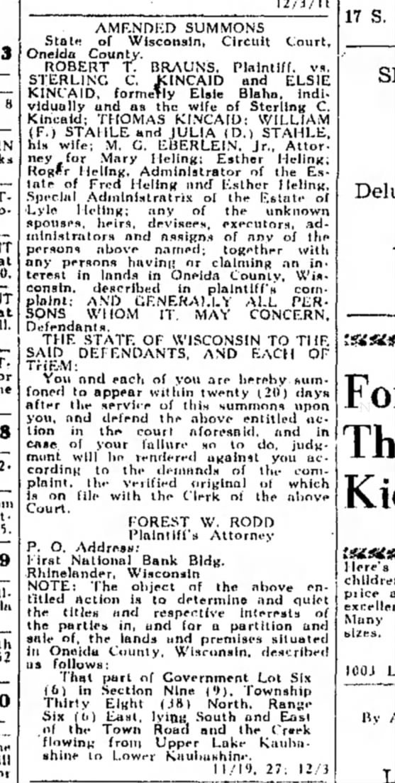 estate of Fred Heling Rhinelander Daily News Dec 1959