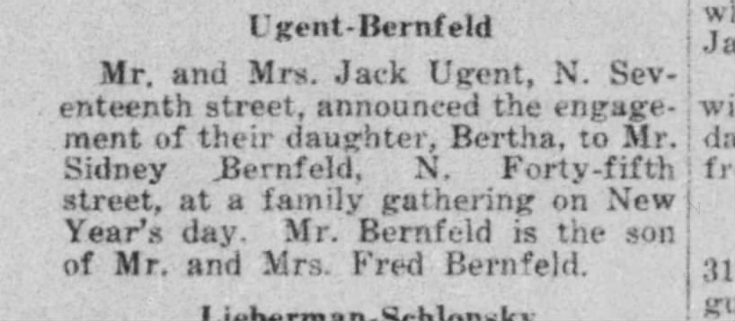 Bertha Ugent engagement to Bernfeld announcement 2 Jan 1942 WI Jewish Chronicle