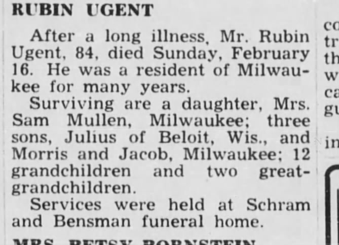 Rubin Ugent obituary 28 feb 1947 Wisconsin Jewish Chronicle