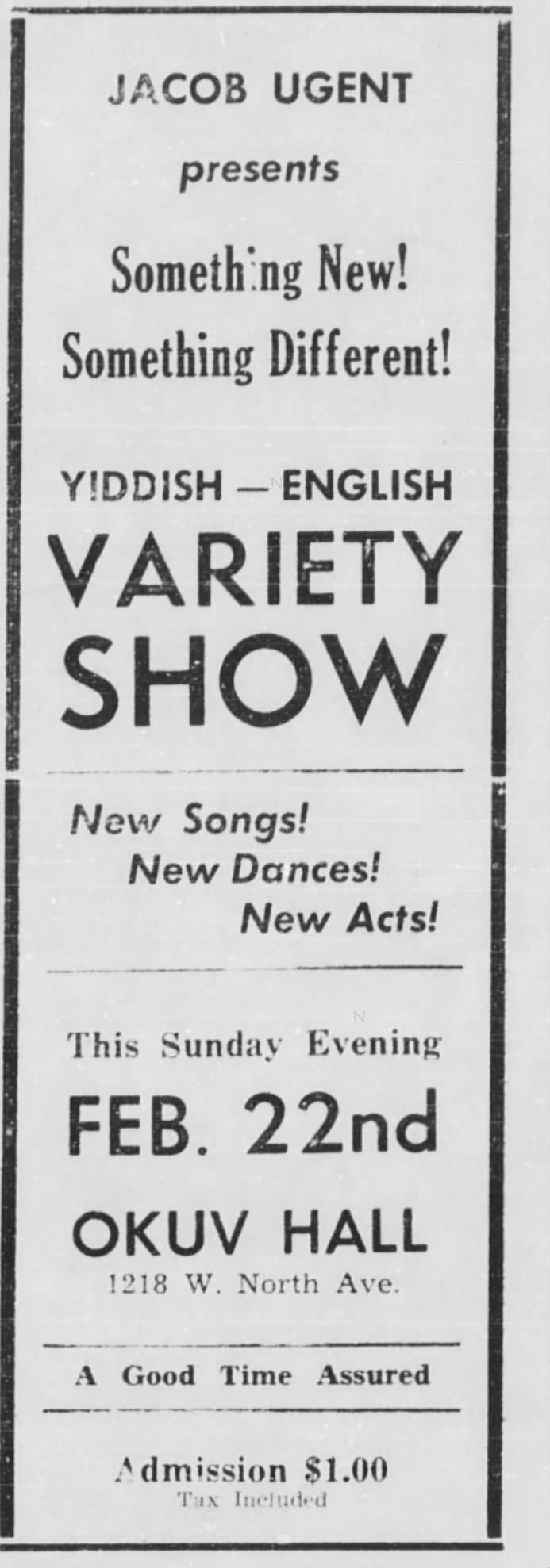 Jacob Ugent Variety Show announcement 20 Feb 1948 WI Jewish Chronicle